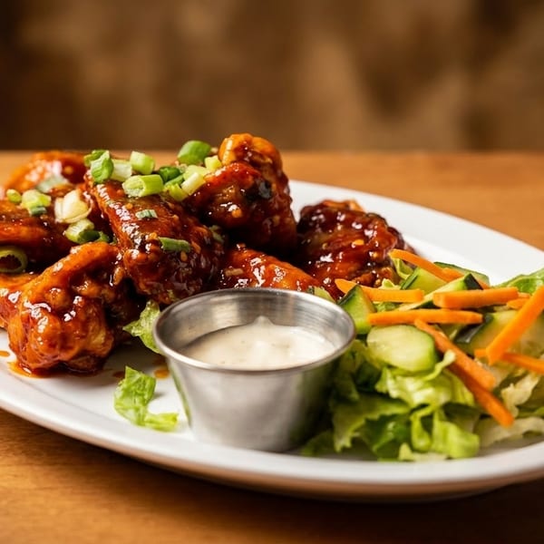 Sweet and spicy chicken wings with green onions, a side salad, and ranch dressing on a white plate.