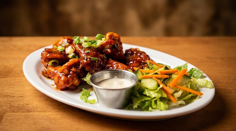 Sweet and spicy chicken wings with green onions, a side salad, and ranch dressing on a white plate.