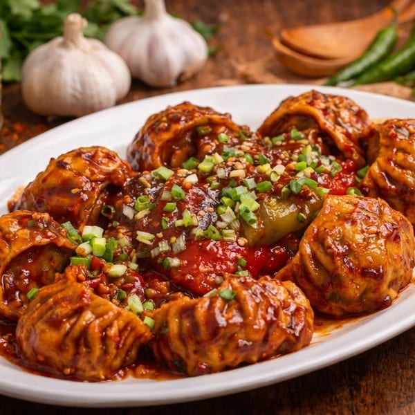 A plate of spicy momos drizzled with sauce and green onions, with spices and garlic in the background.