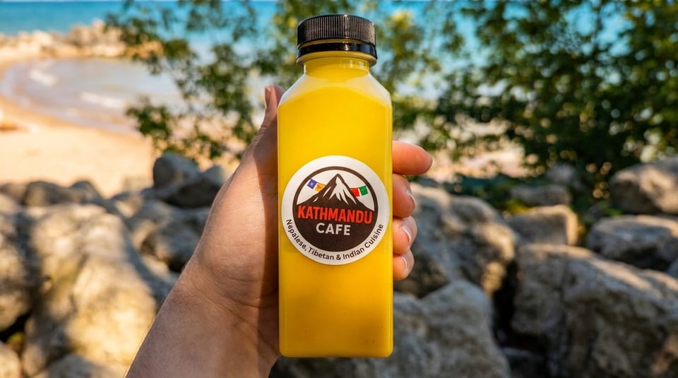 Hand holding a Kathmandu Cafe drink bottle with a beach and rocks in the background.