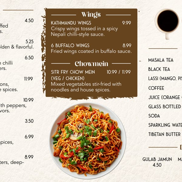Kathmandu Cafe menu board: Snacks, Wings, Chowmein, Drinks, and Desserts with prices