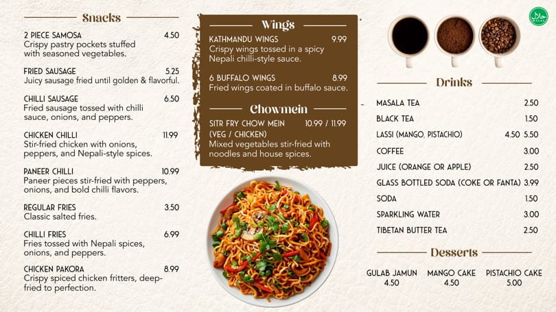 Kathmandu Cafe menu board: Snacks, Wings, Chowmein, Drinks, and Desserts with prices