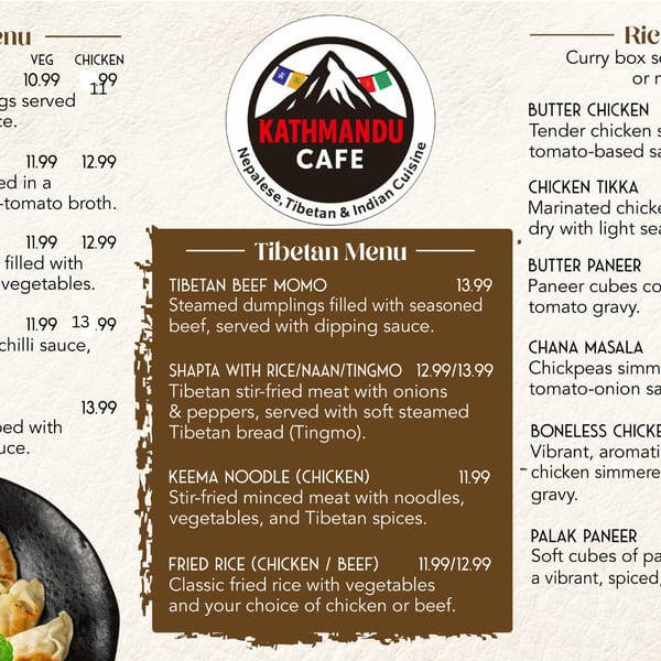 Kathmandu Cafe menu board: Mo:mo, Tibetan, and Rice Box menus with prices