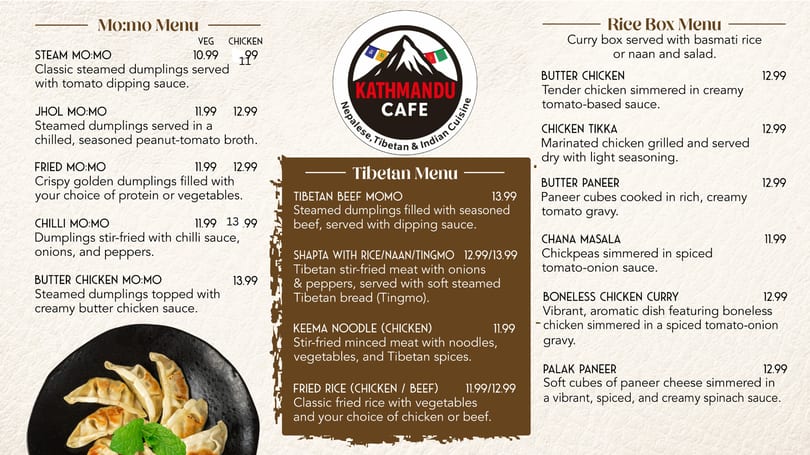 Kathmandu Cafe menu board: Mo:mo, Tibetan, and Rice Box menus with prices