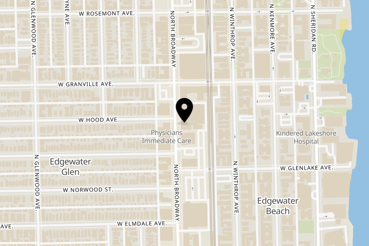 Map showing the location of Kathmandu Cafe on 6141 N Broadway in Chicago
